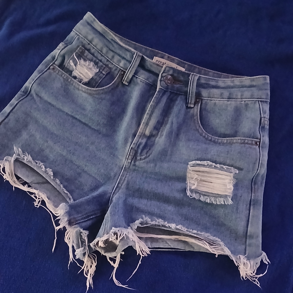 Blue Denim Shorts with Distressed Frayed Hem